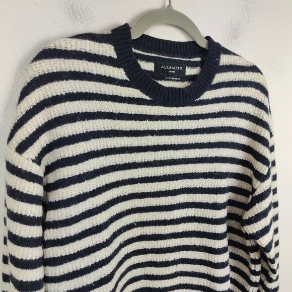 AllSaints Keet Crew Sweater Womens Large Wool Blend White Black Stripes Preppy - Picture 2 of 10